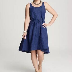 Eileen Fisher 100% Linen Chambray Dress Tie Waist Flowy A-Line Blue Coastal NWT